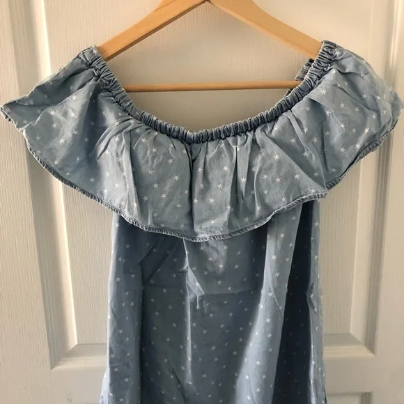 LOVE, Fire Blue Chambray & White Stars Off Shoulder Dress Size M - Picture 4 of 6